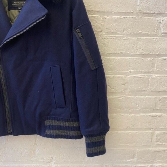 J.Crew Collection || Shearling Bomber Jacket Coat Wool Fur Navy Black 0 - Picture 5 of 10